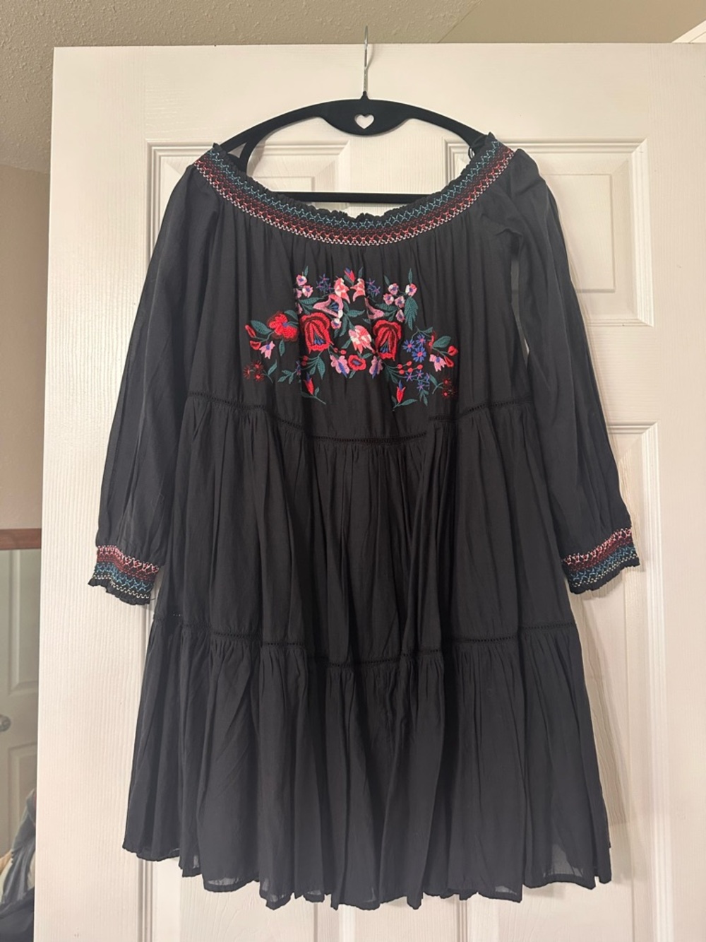 Free People Black Off-Shoulder Dress with Multicolor Floral Embroidery